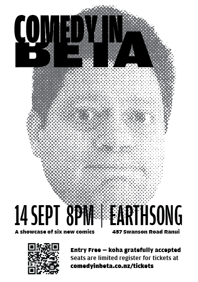 Comedy in Beta – Black and white flyer